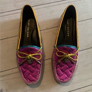 Kurt Geiger 36.5/ 6.5 Metallic Fuchsia Quilted Moccasins with Gold Trim